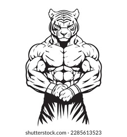 Mascot of cool angry tiger jaguar king human muscular body. black white line art vector illustration