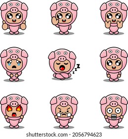 mascot costume expression bundle set pig cartoon character vector illustration