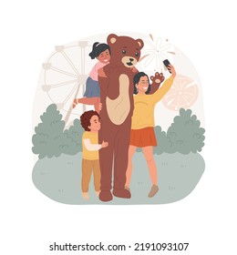 Mascot costume isolated cartoon vector illustration. Fun fair activity, kids hugging man in life-size costume, bear mascot, family in amusement park, taking photo with character vector cartoon.