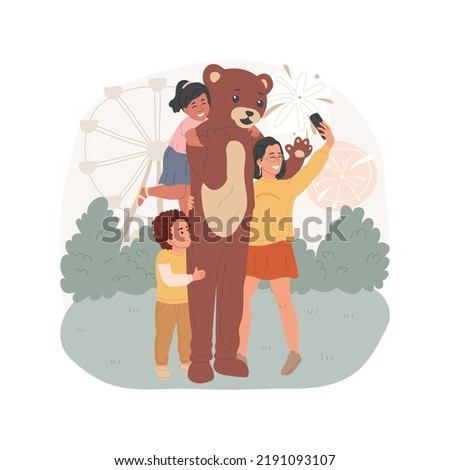 Mascot costume isolated cartoon vector illustration. Fun fair activity, kids hugging man in life-size costume, bear mascot, family in amusement park, taking photo with character vector cartoon. Stock photo © 