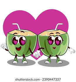 mascot couple of coconut drink characters with cute faces falling in love with each other, isolated cartoon vector illustration. emoticon, cute coconut mascot