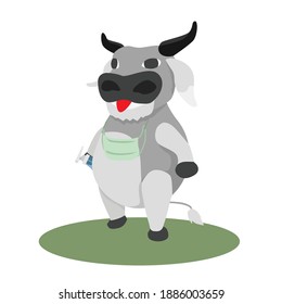 Mascot of cow for zodiac sign in the year 2021. In a hand holding an alcohol spray bottle And hanging a mask To prepare to prevent the coronavirus 2019.