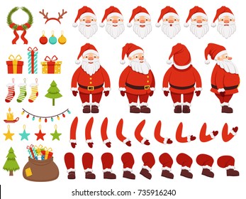 Mascot creation kit of christmas character. Santa in different keyframes. Santa claus with beard in xmas costume. Vector illustration