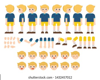 Mascot creation kit of little boy for different poses . Vector constructor with various views, emotions, poses and gestures. Schoolboy character creation set.