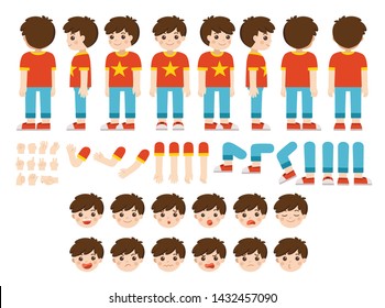 Mascot Creation Kit Of Little Boy For Different Poses . Vector Constructor With Various Views, Emotions, Poses And Gestures. Schoolboy Character Creation Set.