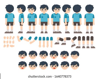 Mascot creation kit of little boy for different poses . Vector constructor with various views, emotions, poses and gestures. Schoolboy character creation set.