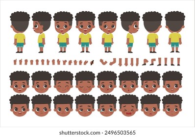 Mascot creation kit of little boy for different poses . Vector constructor with various views, emotions, poses and gestures. Schoolgirl character creation set.