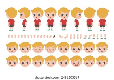 Mascot creation kit of little boy for different poses . Vector constructor with various views, emotions, poses and gestures. Schoolgirl character creation set.