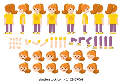 Mascot creation kit of little girl for different poses . Vector constructor with various views, emotions, poses and gestures. Schoolgirl character creation set.