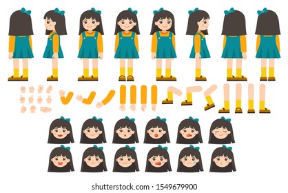 Mascot Creation Kit Of Little Girl For Different Poses . Vector Constructor With Various Views, Emotions, Poses And Gestures. Schoolgirl Character Creation Set.