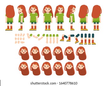 Mascot creation kit of little girl for different poses . Vector constructor with various views, emotions, poses and gestures. Schoolgirl character creation set.