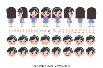 Mascot creation kit of little girl for different poses . Vector constructor with various views, emotions, poses and gestures. Schoolgirl character creation set.