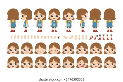 Mascot creation kit of little girl for different poses . Vector constructor with various views, emotions, poses and gestures. Schoolgirl character creation set.