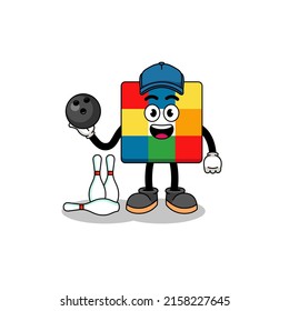 Mascot of cube puzzle as a bowling player , character design