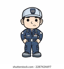 Mascot of cute boy mechanic engine repairman wearing uniform, helmet, and cap. Cartoon flat character vector illustration