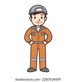Mascot of cute boy mechanic engine repairman wearing uniform, helmet, and cap. Cartoon flat character vector illustration