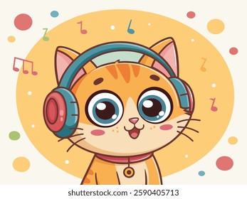  Mascot of cute cartoon Adorable cat is wearing a headphone and listening to music. Smiling cartoon kitten Cartoon character.