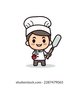 Mascota de un lindo chef chico con gorra y uniforme de chef, sosteniendo espátula. Ilustración vectorial de caricatura plana