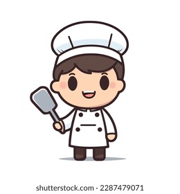 Mascot of cute chef boy wearing chef cap and uniform, holding spatula. Cartoon flat character vector illustration
