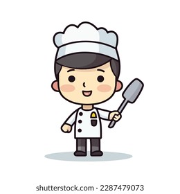 Mascot of cute chef boy wearing chef cap and uniform, holding spatula. Cartoon flat character vector illustration