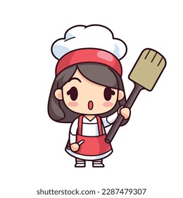 Mascot of cute chef girl wearing chef cap and uniform, holding spatula. Cartoon flat character vector illustration