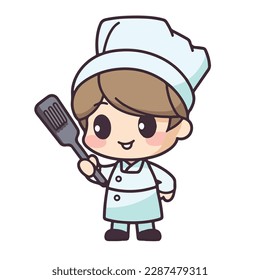 Mascot of cute chef girl wearing chef cap and uniform, holding spatula. Cartoon flat character vector illustration