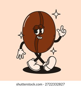 Mascota lindo personaje de grano de café en estilo groovy retro.