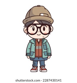 Mascot of cute cool boy wearing jacket and hat. Cartoon flat character vector illustration
