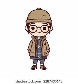 Mascot of cute cool boy wearing jacket and hat. Cartoon flat character vector illustration
