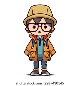 Mascot of cute cool boy wearing jacket and hat. Cartoon flat character vector illustration