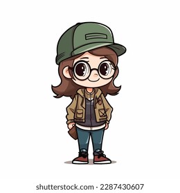 Mascot of cute cool girl wearing jacket and hat. Cartoon flat character vector illustration