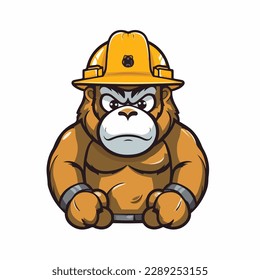 Mascot of cute cool gorilla monkey ape construction building worker wearing safety helmet and uniform. Cartoon flat character vector illustration