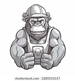 Mascot of cute cool gorilla monkey ape construction building worker wearing safety helmet and uniform. Cartoon flat character vector illustration