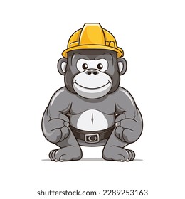 Mascot of cute cool gorilla monkey ape construction building worker wearing safety helmet and uniform. Cartoon flat character vector illustration