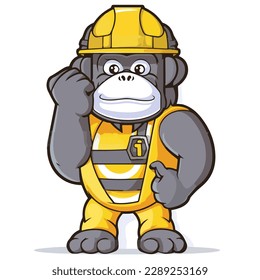 Mascot of cute cool gorilla monkey ape construction building worker wearing safety helmet and uniform. Cartoon flat character vector illustration
