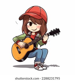 Mascot of cute cool guitarist girl playing guitar. Cartoon flat character vector illustration