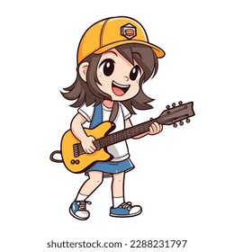 Mascot of cute cool guitarist girl playing guitar. Cartoon flat character vector illustration