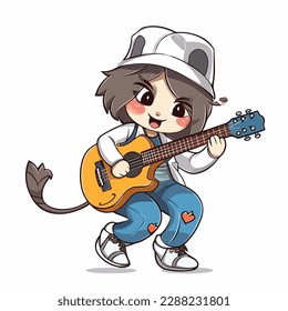 Mascot of cute cool guitarist girl playing guitar. Cartoon flat character vector illustration