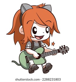 Mascot of cute cool guitarist girl playing guitar. Cartoon flat character vector illustration