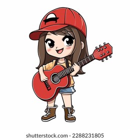 Mascot of cute cool guitarist girl playing guitar. Cartoon flat character vector illustration