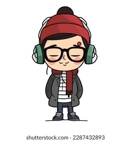 Mascot of cute cool hipster boy wearing jacket, headphone and hat. Cartoon flat character vector illustration