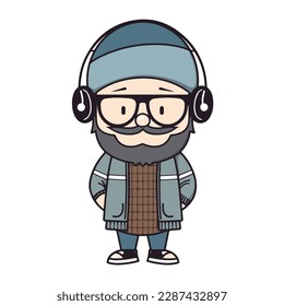 Mascot of cute cool hipster boy wearing jacket, headphone and hat. Cartoon flat character vector illustration