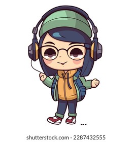 Mascot of cute cool hipster girl wearing jacket, headphone and hat. Cartoon flat character vector illustration