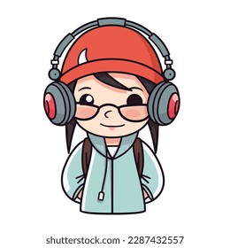 Mascot of cute cool hipster girl wearing jacket, headphone and hat. Cartoon flat character vector illustration