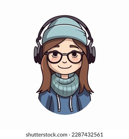 Mascot of cute cool hipster girl wearing jacket, headphone and hat. Cartoon flat character vector illustration