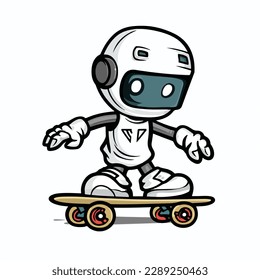 Mascot of cute cool humanoid robot playing skateboard. Cartoon flat character vector illustration