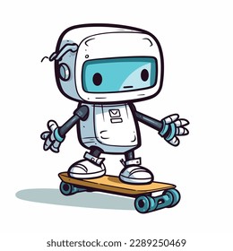 Mascot of cute cool humanoid robot playing skateboard. Cartoon flat character vector illustration