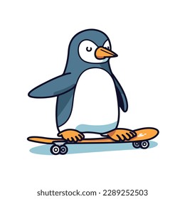 Mascot of cute cool polar penguin play skateboard. Cartoon flat character vector illustration