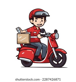 Mascot of cute delivery courier boy riding motorcycle carrying box. Cartoon flat character vector illustration