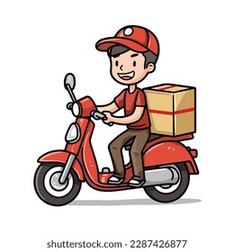 Mascot of cute delivery courier boy riding motorcycle carrying box. Cartoon flat character vector illustration